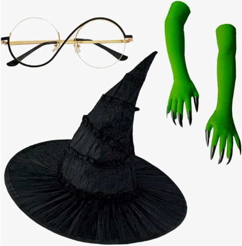 Witch Costume Set, Including Glasses, Witch Hat, and Gloves for Party, and Themed Events, Movie Costume Props, Suitable for Fan Role-Playing