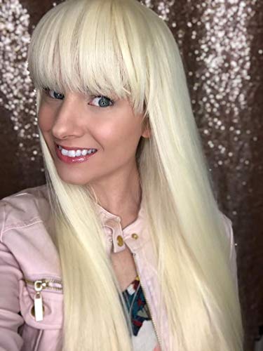 morvally Women's 26 inches Long Straight Blonde Synthetic Resistant Hair Wigs with Bangs Natural Looking Wig for Women Halloween Cosplay (Blonde) - color: Blonde