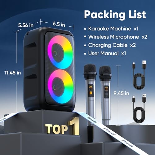 Karaoke Machine, Bluetooth Speaker with 2 Wireless Microphones Adults Kids | Portable Size, TWS Mode, LED Light, 10H Battery PA System,Dual Speaker, USB TF AUX, Home Party Outdoor Camping Birthday Gifts - size: 2 Mics