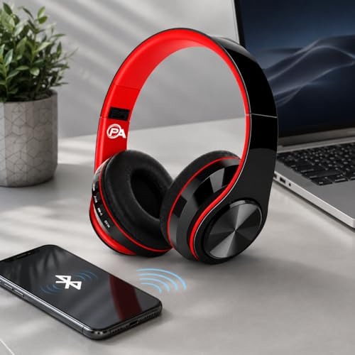 Hybrid Noise Cancelling Headphones, Wireless Bluetooth Over-Ear, Black with Color Accents, Built-in Mic, HiFi Stereo Sound, Foldable Design- Headset (Red) - color: Red
