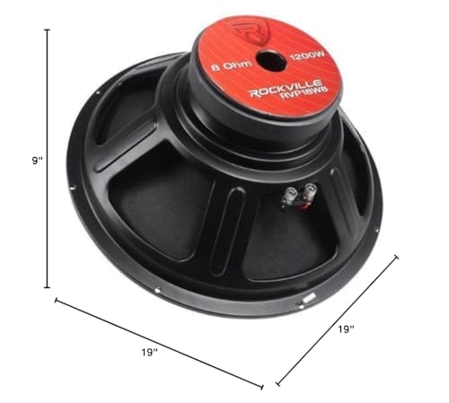 Rockville RVP18W8 18" Raw Replacement DJ PA Subwoofer, 8 Ohm | 1200W Peak / 600W RMS, 90 Oz Magnet, 3" CCAW Voice Coil, Paper Cone, Steel Basket, Banana Terminals, 26Hz-500Hz, 101dB - style: 8 Ohm