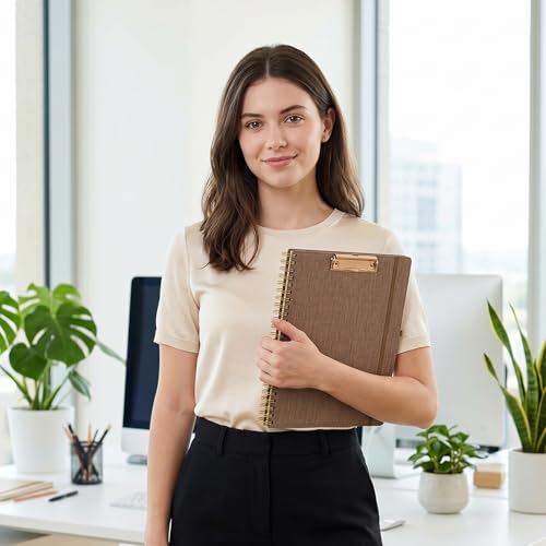 Ospelelf Brown Foldable Spiral Clipboard Folio with Storage Zipper Pouch, 5 Plastic Folders with 10 Pockets, Refillable Lined Notepad (11" x 8.5"), Linen Hardcover Project Organizer - color: Brown