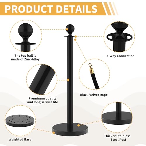 4Pcs Stanchions Post and Velvet Ropes, Crowd Control Barriers with Weighted Base, Red Carpet Runner Poles, Retractable Safety Barriers for Party, Wedding, Theater, Event, Hotel - color: Black, size: without Red Carpet