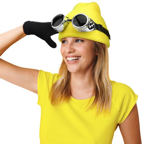18 Pcs Yellow Cartoon Character Costume Accessory Adult Halloween | Steampunk Yellow Beanie Hat Goggles Gloves Set, Cosplay Themed Dress Up, Group Costume Men Women
