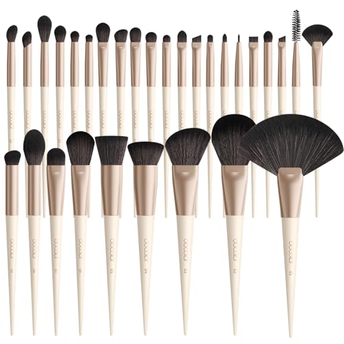 Docolor Makeup Brushes Set Professional 30Pcs Makeup Brushes Premium Synthetic Powder Kabuki Foundation Contour Blush Concealer Eye Shadow Blending Eyeliner Crease Eyebrow Make Up Brush Kit - Beige - color: Beige