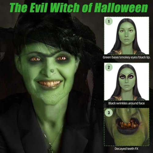 Halloween Witch Makeup Kit, SFX Character Set with Face Paint, Complete SFX Set for Halloween, with Scar Wax for Special Effects Costume Makeup, Prosthetic Nose, Warts&Costume, Dress-Up Cosplay Party - color: Witch Makeup Kit
