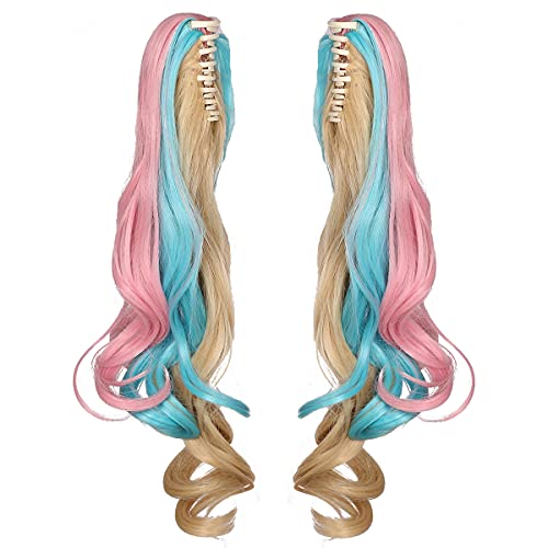 ColorGround Long Curly Cosplay Wig with 2 Ponytails (Blue/Pink/Blonde/Green) - color: Blue/Pink/Blonde/Green