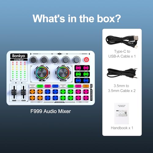 F999 White Live Streaming Sound Card, Professional Audio Mixer, Voice Changer Soundboard with Audio Interface, Bluetooth, Noise Reduction, DJ Mixer Board for Live/Podcasting/Gaming - color: White