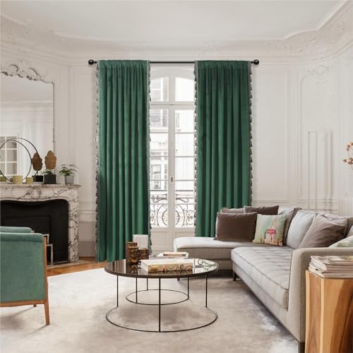 Dark Green Blackout Velvet Curtains 72 inch Length Windows Rod Pocket Drapes with Tassels Soundproof Thermal Curtains for Living room 2 Panels Set 52" x 72" | Velvet Drapes with Tassels, Thermal Soundproof Blackout Curtains for Living Room - color: Dark G