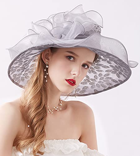 Women Derby Fascinator Hat Organza Church Wedding Hats Wide Brim Cocktail Tea Party Hat - color: 06 Grey