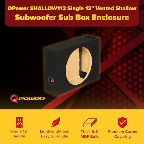 QPower Single 12" Vented Shallow Subwoofer Box, Black Carpet Exterior | Solid 5/8" MDF Construction for Vehicle Stereo Equipment and Bass Sound Systems - style: 12" Vented