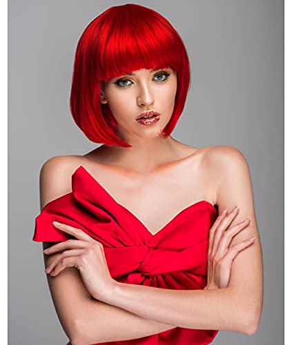 LIULIUBTY Short Bob Hair Wigs Straight with Flat Bangs Synthetic Colorful Cosplay Daily Party Neon Wig for Women + Free Wig Cap 12" Natural As Real (Red) - color: Red