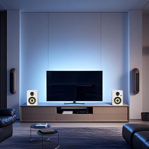 Sanyun SW206 80W 2.0 Active Bookshelf Speakers, Dual-Mode Creator & Music | 4" Carbon Fiber + 25mm Silk Dome, 24bit DAC, 6.35mm TRS Balanced + (Optical/Coaxial/AUX/USB/BT) Inputs, MDF, (Pair, White) - color: White