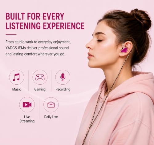 Hi-Fi Wired In-Ear Monitor Headphones, Detachable Cable IEM Earbuds with Ergonomic Noise Isolating Design, 3.5MM Earphones Clear Sound for Music, Gaming, Studio Monitoring & Audiophiles (Without Mic) - color: Rose