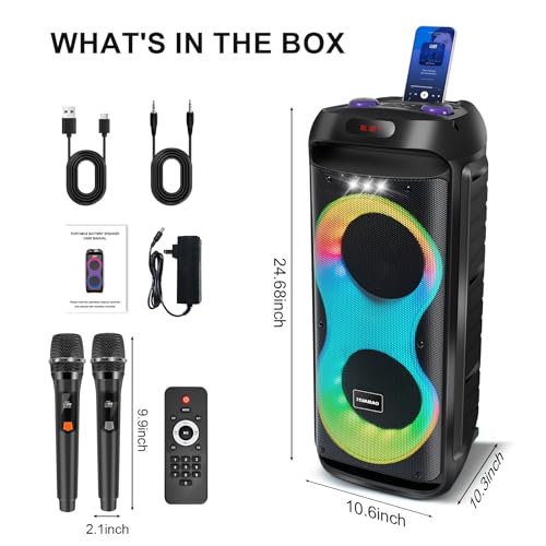 Bluetooth Karaoke Speaker with 2 Wireless Microphones – 40W Portable PA System with LED Lights, TWS Pairing, 6.5” Dual Woofers, Rolling Wheels, Rechargeable Battery - for Party/Home/Outdoor