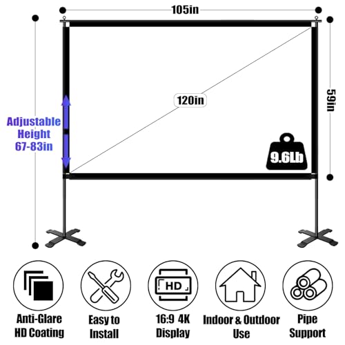 120 inch Outdoor Projector Screen with Stand, Portable Projector Screen with Carry Bag, 4K Anti Light Glare Movie Projection Screen for World Cup Indoor Room Home Theate