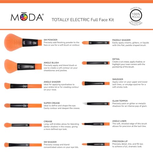 MODA Neon Orange Makeup Brush Set, 12pc Colorful Face & Eye Brushes, Vegan - color: Orange