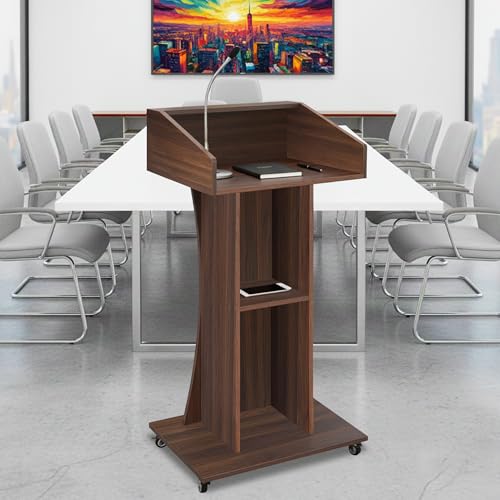 Podium Stand with Lockable Wheels,47"H Wooden Podium for Classroom, Mobile Pulpit Lectern with 3 Storage Shelves for Church, Office,Conference Room (Walnut) - color: Walnut