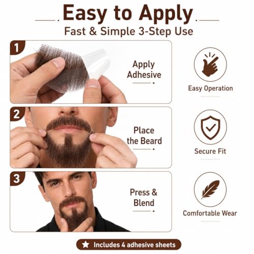 Hand-Tied Human Hair Fake Beard and Mustache for Costumes and Theater | Hand-knotted human hair on lightweight lace creates natural-looking facial hair for costumes, cosplay, theater and film - color: Style 1--brown