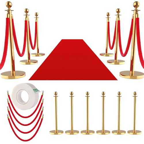 6Pcs Stanchions and Velvet Ropes with 15ft Red Carpet,Complete Crowd Control Barriers Set with 4 Red Velvet Ropes & Stainless Steel Posts for Party, Wedding, Event Supplies,Gold - color: Gold, size: without Red Carpet