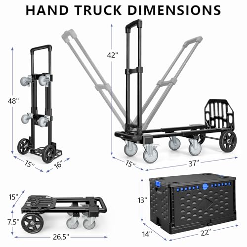 KEDSUM 4-in-1 Convertible Dolly Cart with Folding Crate, 600LBS Heavy Duty Hand Truck Dolly, Hand Truck with Adjustable Handle Angle & Expandable Base for Home,Warehouses,Dorm, Collapsible - size: 600LBS-6 Wheels with Folding Crate