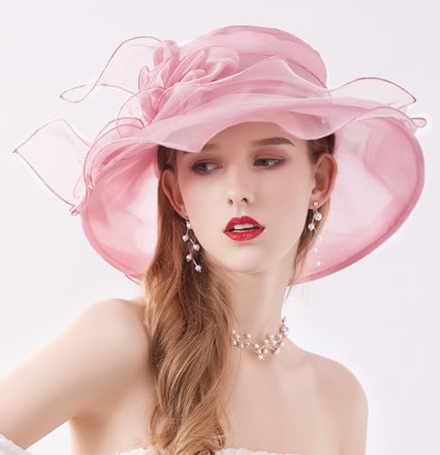Women Derby Fascinator Hat Organza Church Wedding Hats Wide Brim Cocktail Tea Party Hat - color: 07 Light Pink