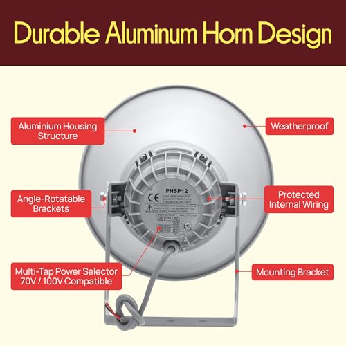 Indoor Outdoor PA Horn Speaker - 12.7 Inch 60 W Compact Loud Sound Megaphone w/ 400Hz-5KHzz Frequency, 16 Ohm, 70V/100V Transformer, Mounting Bracket Hardware, For 70V/100V Audio System - Pyle PHSP12 - style: Classic