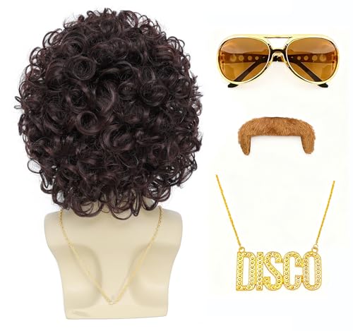 ByouByou Men's Afro Curly Wig Set with Mustache Sunglasses Necklace, 70s 80s Retro Disco Costume Kit, Synthetic Curly Wig for Halloween Cosplay Party, Dark Brown - color: Dark Brown