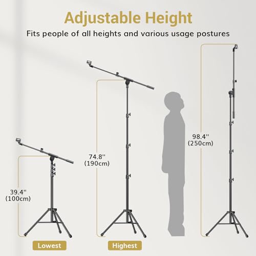 TONOR Microphone Stand with Tablet Holder, Tripod Boom Arm for Floor, Adjustable Height and Angle, Stand with Carrying Bag, Pad Clamp, Max 190 cm/74.8inch, High Compatibility, Cup Tray, T35+ - style: Mic Stand with Tray