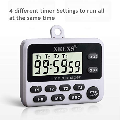 XREXS 4 Channel Digital Kitchen Timer Clock with Large LCD Display | 4 Groups Simultaneous Timing Countdown Up Pocket Timer, Magnetic Attachable (Battery Included)