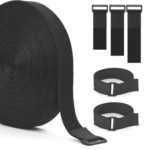 1.5In x 20Ft Cinch Straps Nylon Heavy Duty with 25 Buckles, Cut to Length, Black Hook and Loop Straps, Reusable Long Cable Ties for Storage and Cord Organizer - size: 1.5In x20Ft Black