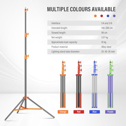 Heavy Duty Light Stand 9.1ft/280cm All Metal Tripod Stand Max Loading:10KG Air Pressure Buffer Photography Light Stand with 1/4” to 3/8” Screw Adapter for Strobe,Ring Light, Monolight, Softbox - color: Orange