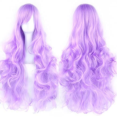 IMISSU 80cm Long Curly Natural Hair Cosplay Wig with Bangs Colorful Halloween Costume Party Wigs for Women (Bright Purple) - color: Bright Purple