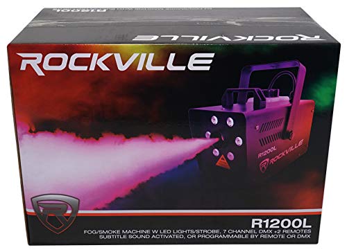 Rockville R1200L Fog/Smoke Machine with RGB LED Lights/Strobe, 7Ch DMX | 12000 CFM Output, Wired and Wireless Remotes Included, Sound Activated, 1.2L Tank, Fluid Meter, Indoor/Outdoor, 6 LEDs, 440W