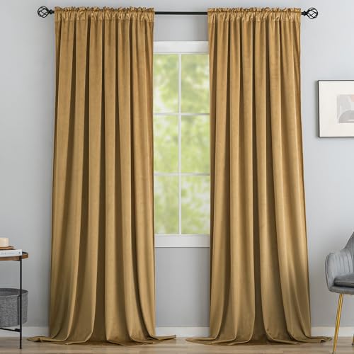 Yakamok Gold Brown Room Darkening Velvet Curtains 84 Inch Living Room | Luxury soft velvet, 2 panels 52x84 inch,bedroom study, window drapes rod pocket,light blocking,Thermal Insulated - color: Gold Brown, size: 52"W x 84"L (Pack of 2)