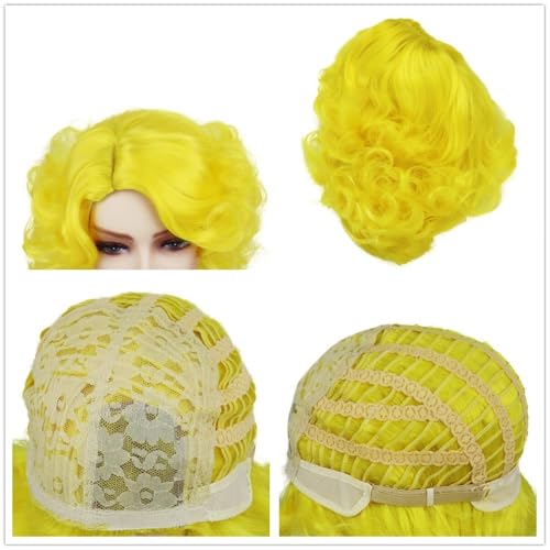 Yellow Wig Cosplay Bob Short Curly Big Layered Finger Wavy Wigs for Women | Heat Resistant Lemonda Hair Wigs Synthetic Wigs for White Women Carnival Party Halloween Costume Wig with Weaving Cap 1960s - color: Yellow