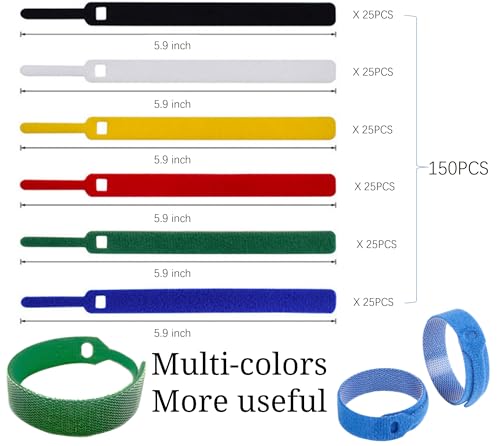 QUALIALL Reusable Hook and Loop Cable Ties, 150-Pack, 5.9" | End fixable, Neater, 6 Colors, Extendable, Cuttable, Strong Adhesion, Nylon, Wire Management, Durable