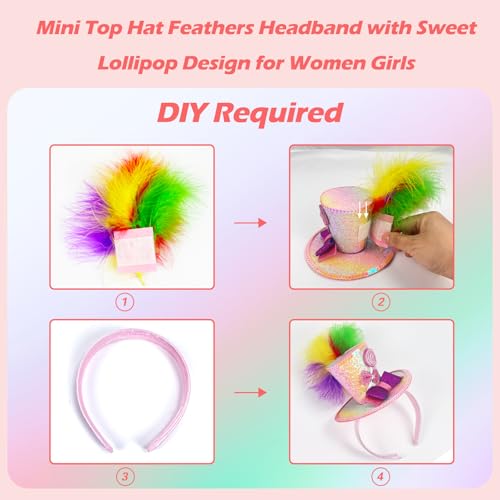 Hikkcos Mini Top Hat Headband with Feathers Mardi Gras Costume Parade Halloween Valentines Day Lollipop Theme Party Supplies - color: Pink
