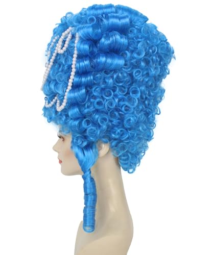 HPO Adult Women's Baroque French Revolution Queen Marry Wig, Blue Color, Premium Breathable Capless Cap, Best for Halloween and Cosplay Events, Flame-retardant Synthetic Fiber - color: Blue