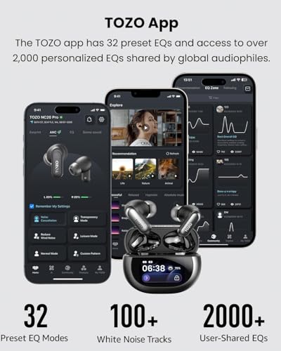 TOZO NC20 Pro Active Noise Cancelling Wireless Earbuds, Smart LCD Screen | LDAC Hi-Res Audio, Stereo Bass, 6 Mics AI Call Ear Buds, 80H Playtime, IPX8 Waterproof, 32 EQ via App Wireless Charging Black - color: Ink Black