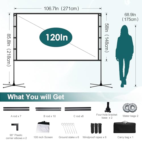 Outdoor 120-inch Projector Screen with Stand, Portable Foldable Indoor Movie Screen 16:9 HD 160° Viewing Double-Sided Projection Screen Suitable for Home Theater, Backyard, Party, Camping
