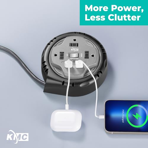 KMC 3-Outlet Surge Twist Cord Reel, 2 USB Ports, Retractable Power Strip Surge Protector, 735J Surge Protection, 5ft Retractable Extension Cord, 3-Prong Low-Profile Flat Plug, UL/ETL Certified, Gray