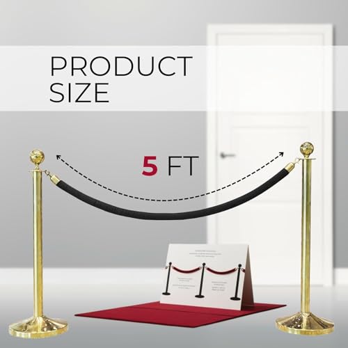 6 Pack Black Velvet Rope 5 Foot with Gold Hooks – Premium Stanchion Rope for Events and Crowd Control – Durable VIP Barrier for Queue Management and Decorative Use - size: 6 PCS, style: Black