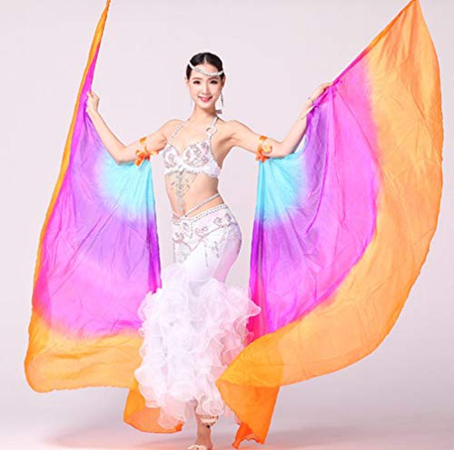 KIKIGOAL 100% Silk Belly Dance ISIS Wings Scarf Veil Fan with Telescopic Stick for Halloween Carnival Performance 1.4x2.7cm - color: Gradual Orange