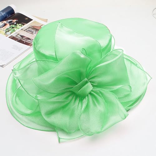 Women Derby Fascinator Hat Organza Church Wedding Hats Wide Brim Cocktail Tea Party Hat - color: 039 Mint Green