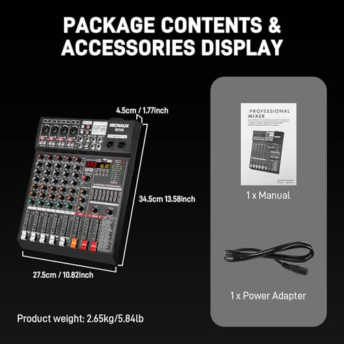Audio Mixer 6 Channel Professional Sound Console Music Mixer with 320 DSP Effects, 7-band EQ DJ Mixing Board w/USB, Bluetooth, 48V Power Supply, PAD Button for Recording Karaoke PA Drum Live - size: 6 Channel - 10.8in