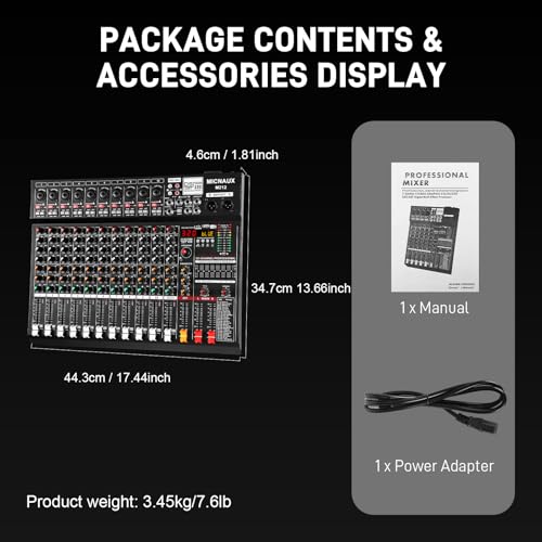 Audio Mixer 12 Channel Professional Sound Console Music Mixer with 320 DSP Effects, 7-band EQ DJ Mixing Board w/USB, Bluetooth, 48V Power Supply, PAD Button for Recording Karaoke PA Drum Live - size: 12 Channel - 17.4in