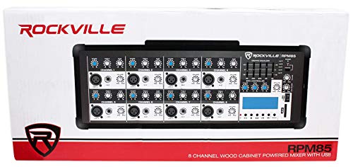 Rockville RPM85 2400W Powered 8 Channel Mixer, Bluetooth, USB/SD, 5 Band EQ, Adjustable Echo/Delay, +15V Phantom Power, for Live Music and Events
