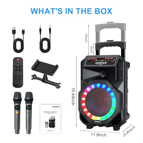 Karaoke Machine with 2 Wireless Microphones, Rolling Wheels and Trolley | 8800mAh Portable Bluetooth Speaker, PA System with Lights, Adjustable Bass/Treble/Echo for Parties, Indoor and Outdoor Use