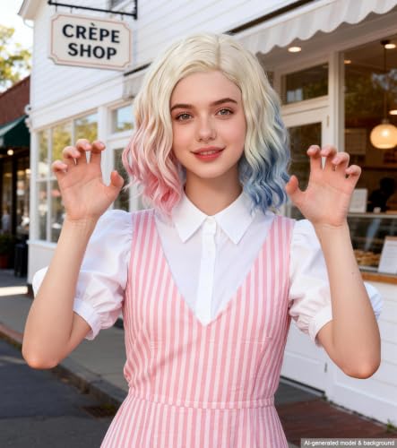 Pink Blue Ombre Blonde Bob Wig, Short Wavy Cosplay Wig for Women | Shoulder-length synthetic wig with pink blue highlights for Halloween cosplay, costume parties, anime events, and dress-up - color: Pink Blue